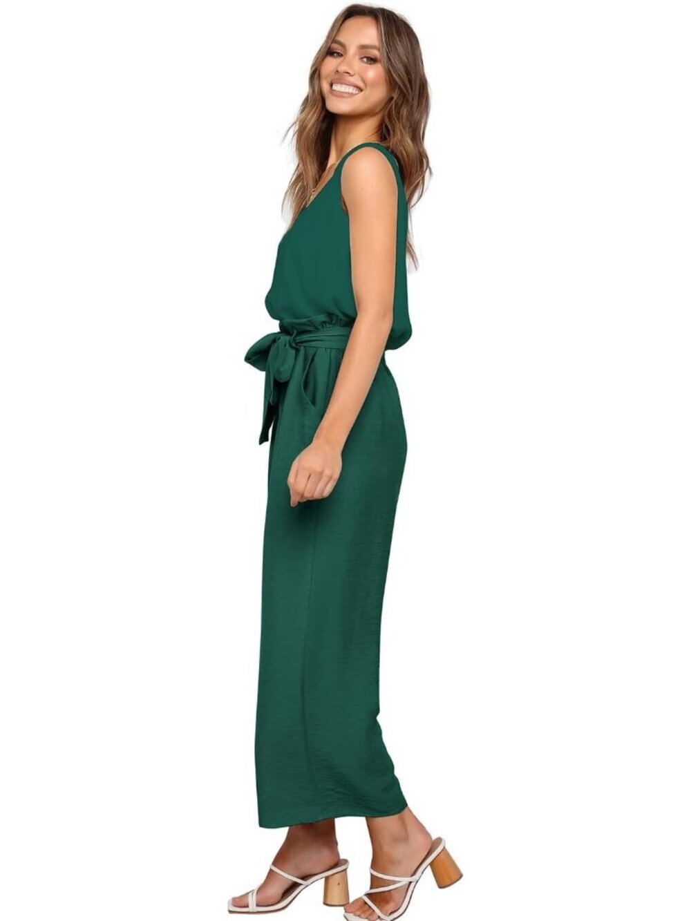 Women's 2 Piece Set V Neck Tank Dark Green Tops High Waisted Pants with Belt - Picture 5 of 7